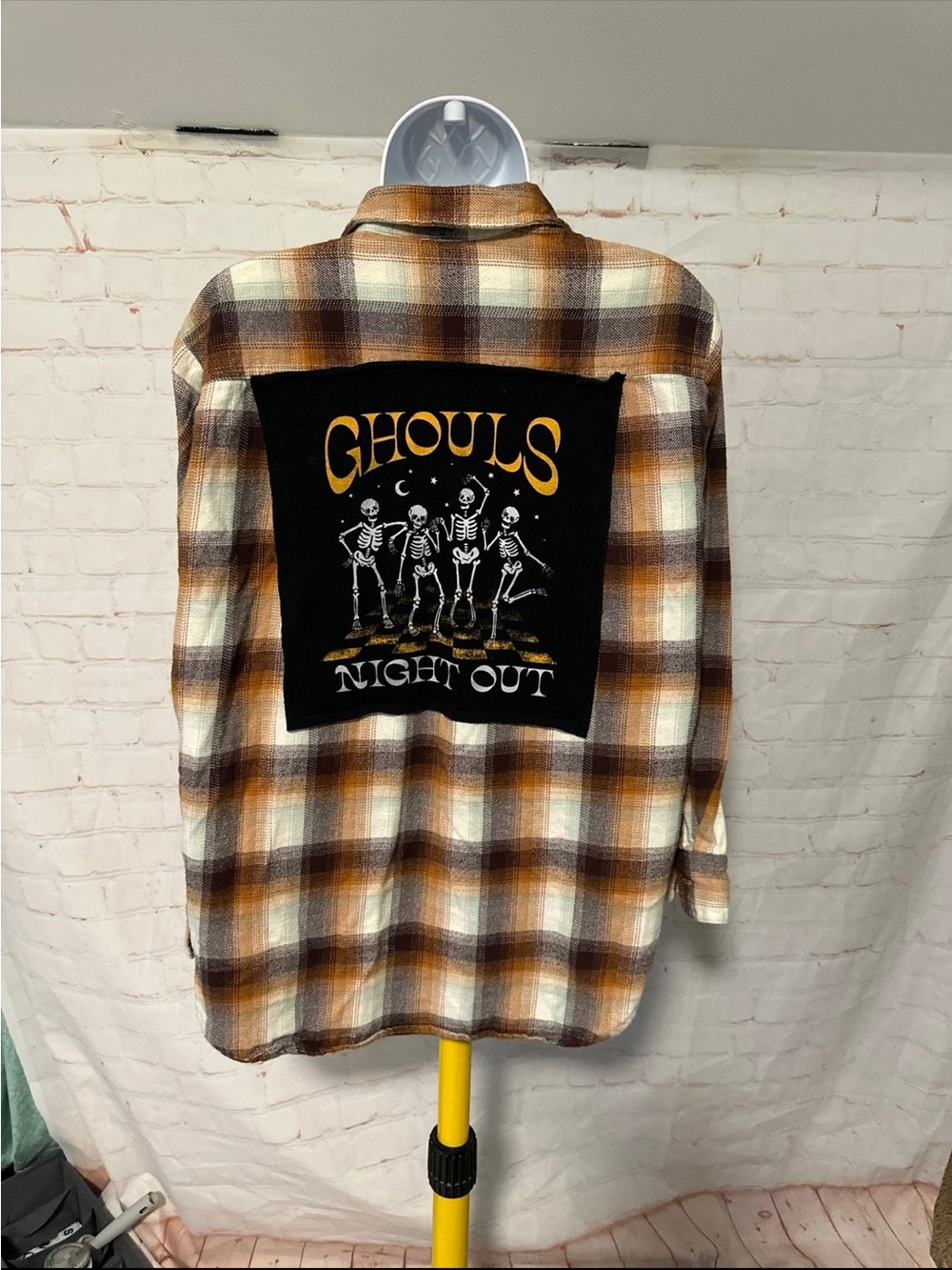 Upcycled Skeleton Halloween Ghouls Night Out Tee Flannel Sz M